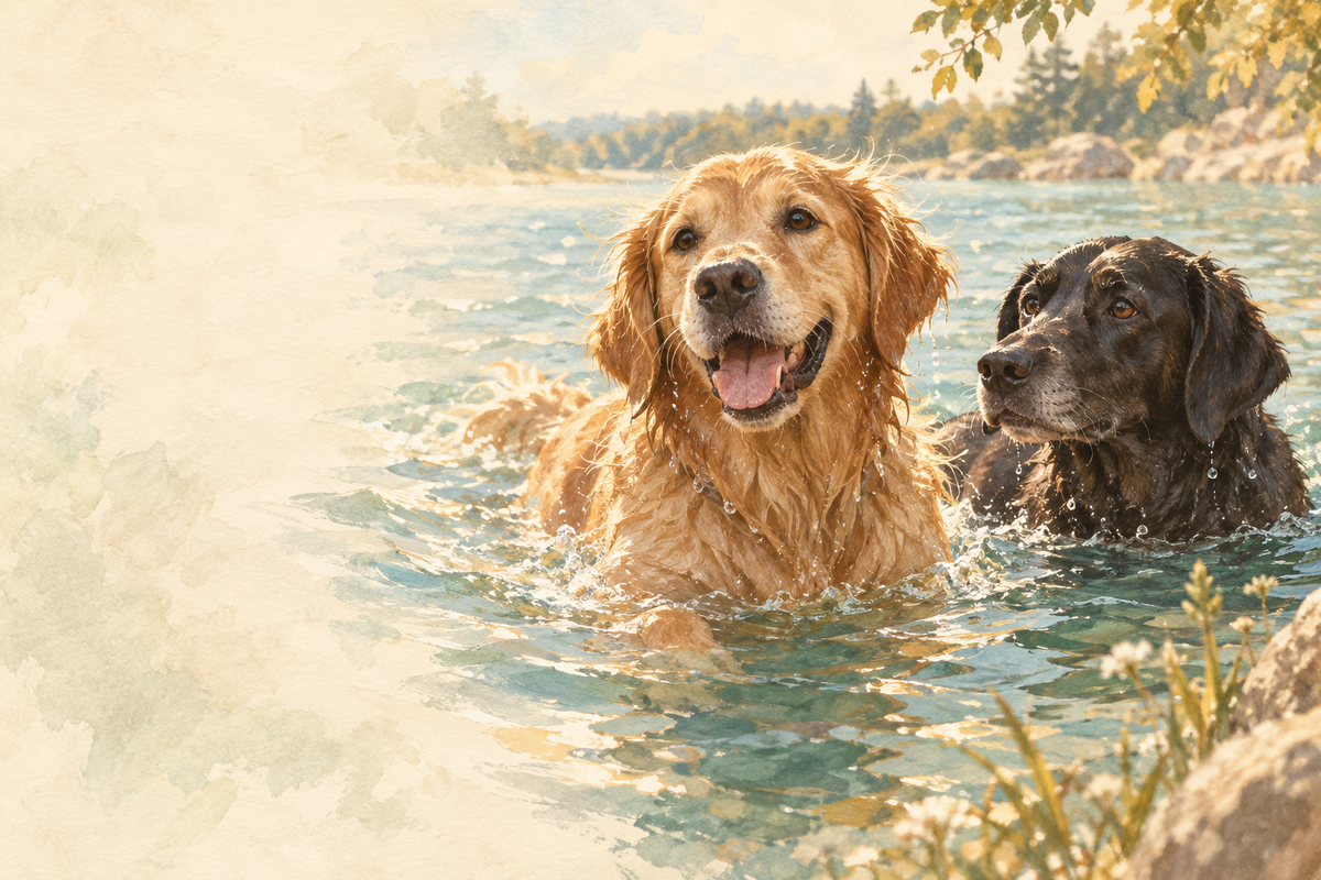 Illustration zweier Hunde im Wasser zum MaJe-Stand beim Hundeschwimmen