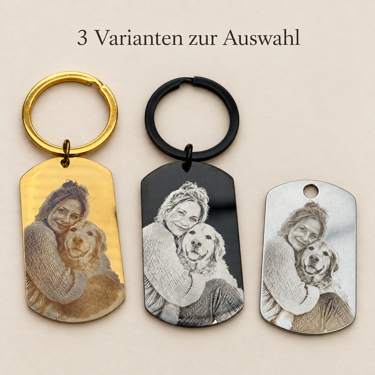 Foto-Dogtags aus Edelstahl in Goldfarben, Schwarz und Silberfarben; digitale Studio-Darstellung nach gefertigten Produktmustern