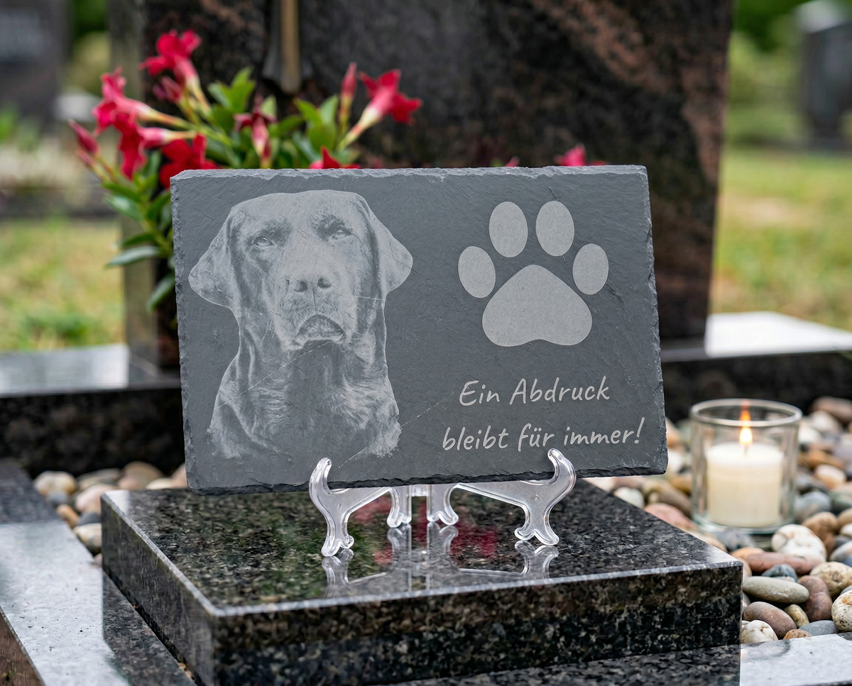 Schiefertafel von MaJe Pictures mit freigestellter Hunde-Fotogravur und Pfotenmotiv auf einem Aufsteller