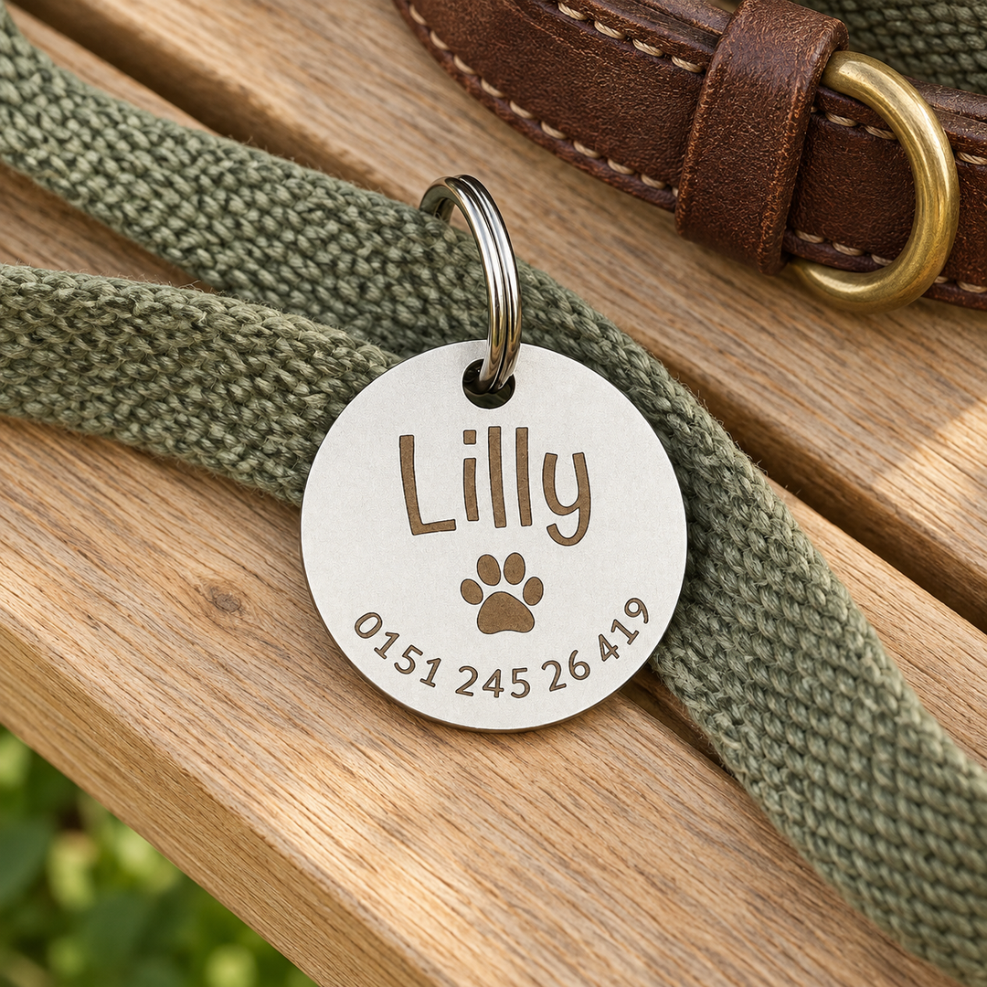 Runde gravierte Hundemarke mit Schlüsselring neben Halsband und Leine