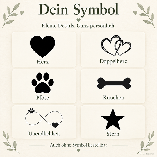 Sechs wählbare Gravursymbole mit Beschriftung
