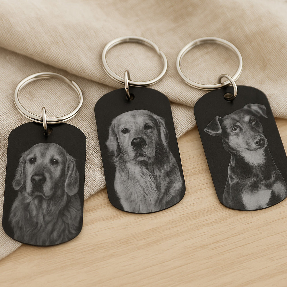 Anhänger mit Fotogravur personalisiert | DogTag aus Aluminium | Schlüsselanhänger oder Kette | Rückseite mit Text oder Bild