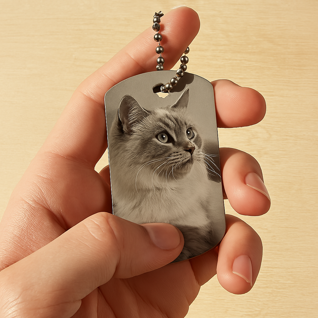 Anhänger mit Fotogravur personalisiert | DogTag aus Aluminium | Schlüsselanhänger oder Kette | Rückseite mit Text oder Bild