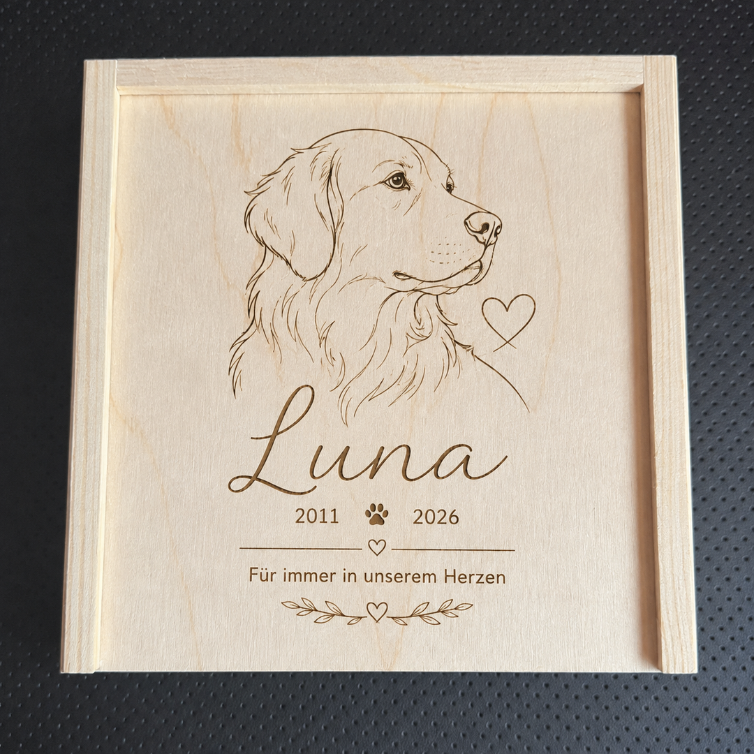 Personalisierte Erinnerungsbox aus Holz mit Line-Art Portrait und Text