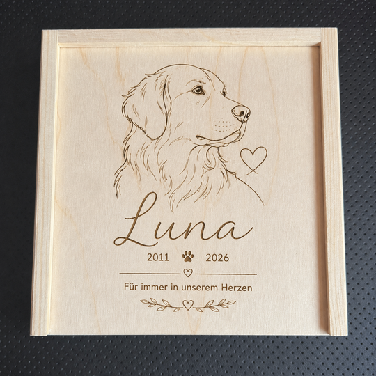 Personalisierte Erinnerungsbox aus Holz mit Line-Art Portrait und Text