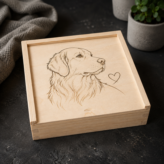 Personalisierte Erinnerungsbox aus Holz mit Line-Art Portrait und Text