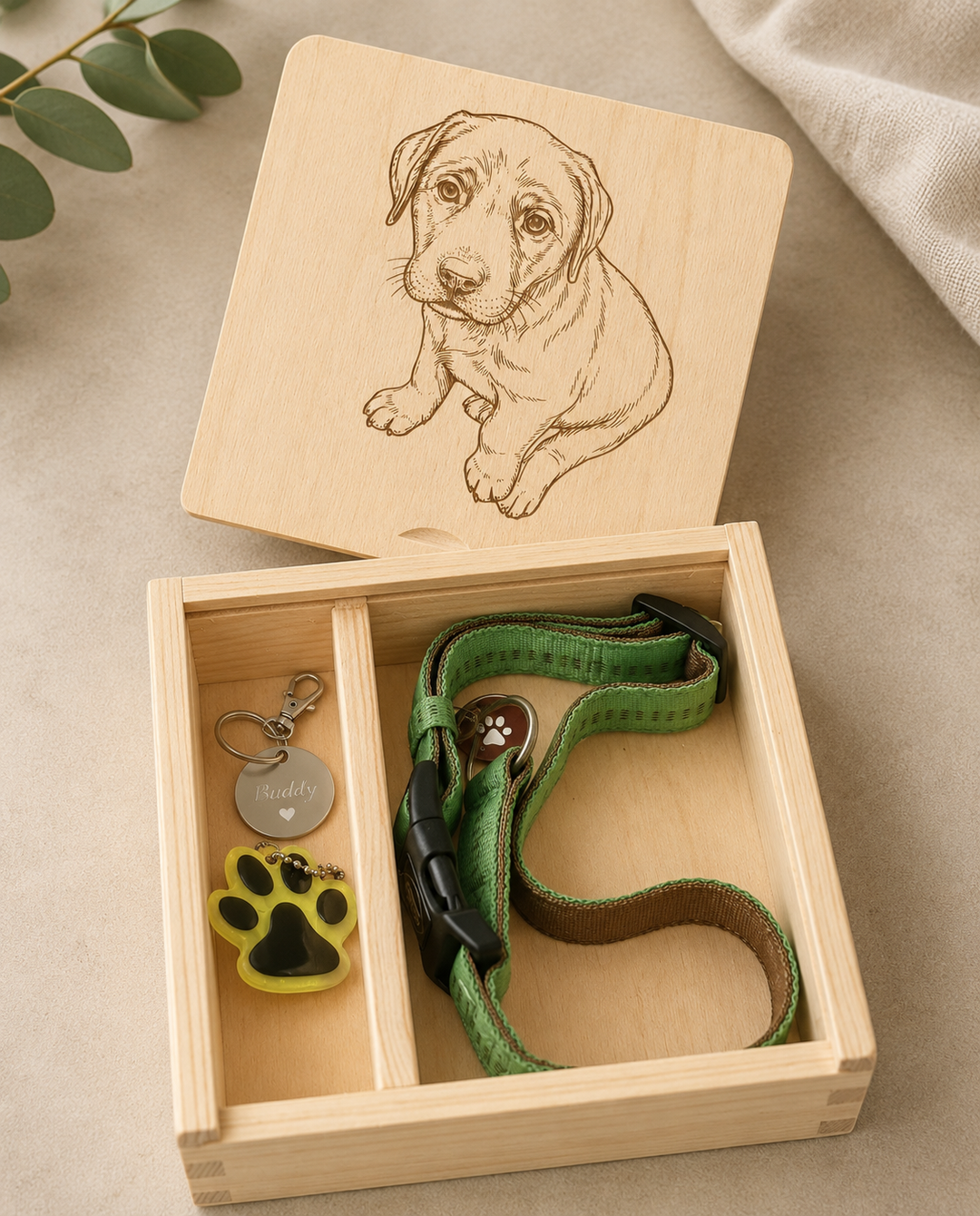 Personalisierte Erinnerungsbox aus Holz mit Line-Art Portrait und Text