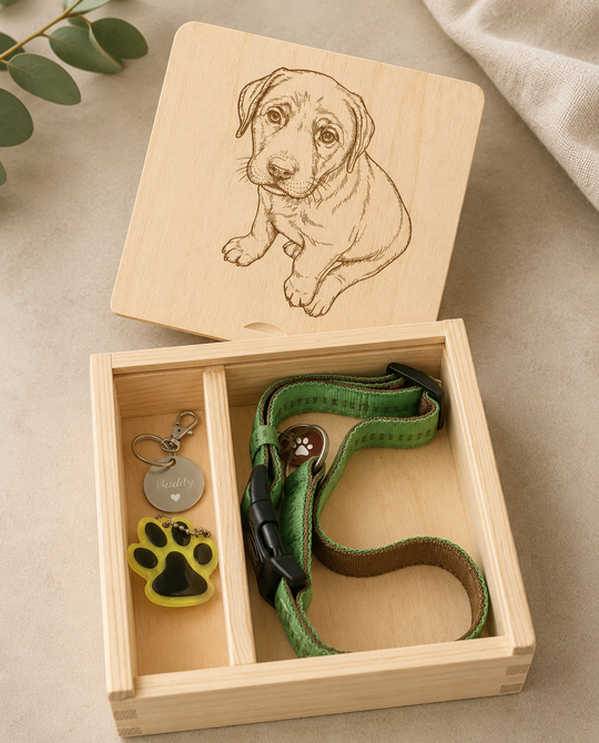 Personalisierte Erinnerungsbox aus Holz mit Line-Art Portrait und Text