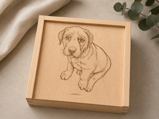 Personalisierte Erinnerungsbox aus Holz mit Line-Art Portrait und Text