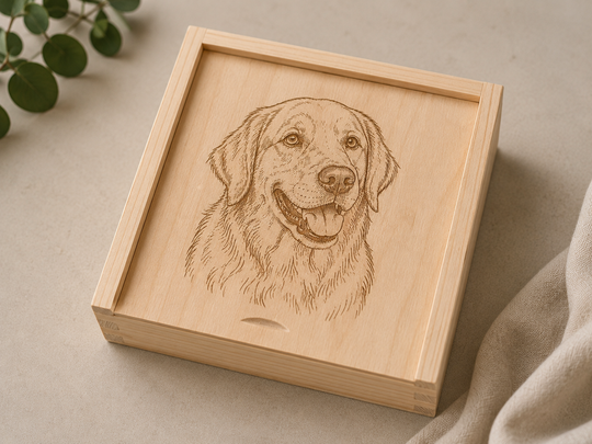 Personalisierte Erinnerungsbox aus Holz mit Line-Art Portrait und Text