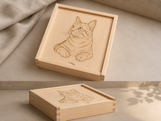 Personalisierte Erinnerungsbox aus Holz mit Line-Art Portrait und Text