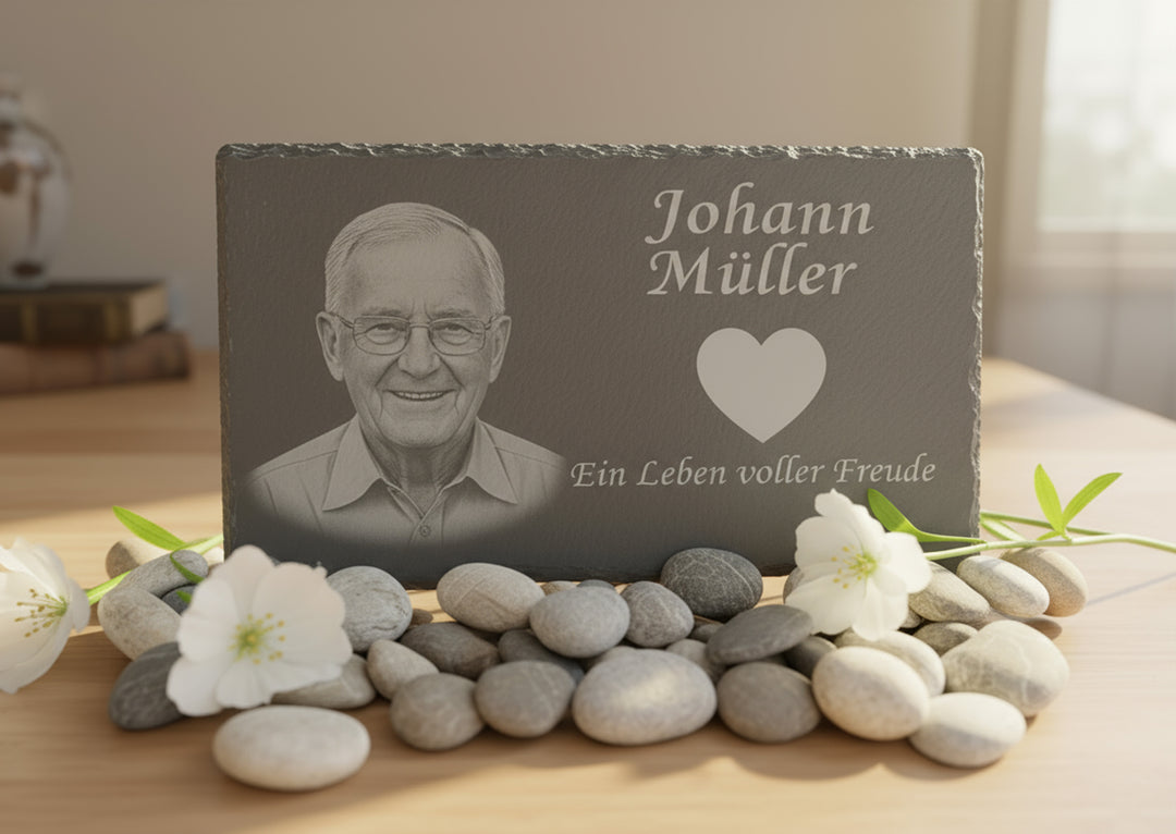 Gedenktafel für Verstorbene. Andenken mit Bild an geliebte Person graviert in Schiefer