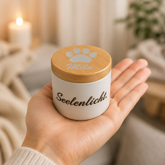 Personalisierte Gedenkkerze, Seelenlicht mit Name und Symbbol, handgegossen