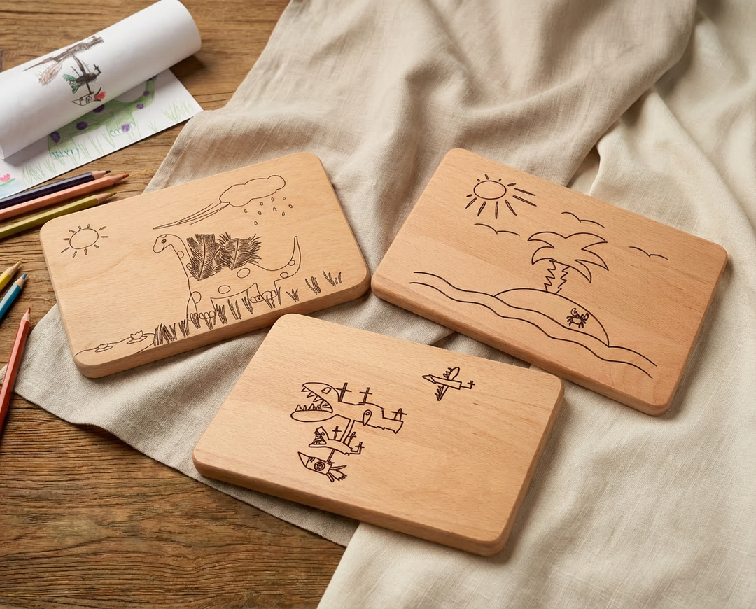 Die Kunst deines Kindes graviert auf Holz - Persönliches Frühstücksbrett Geschenk von Kindern
