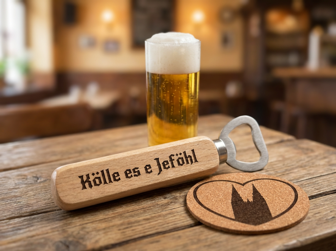 Holz Flaschenöffner mit Gravur - Kölsche Sprüche