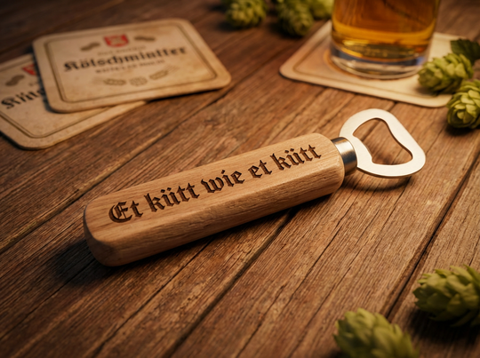 Holz Flaschenöffner mit Gravur - Kölsche Sprüche