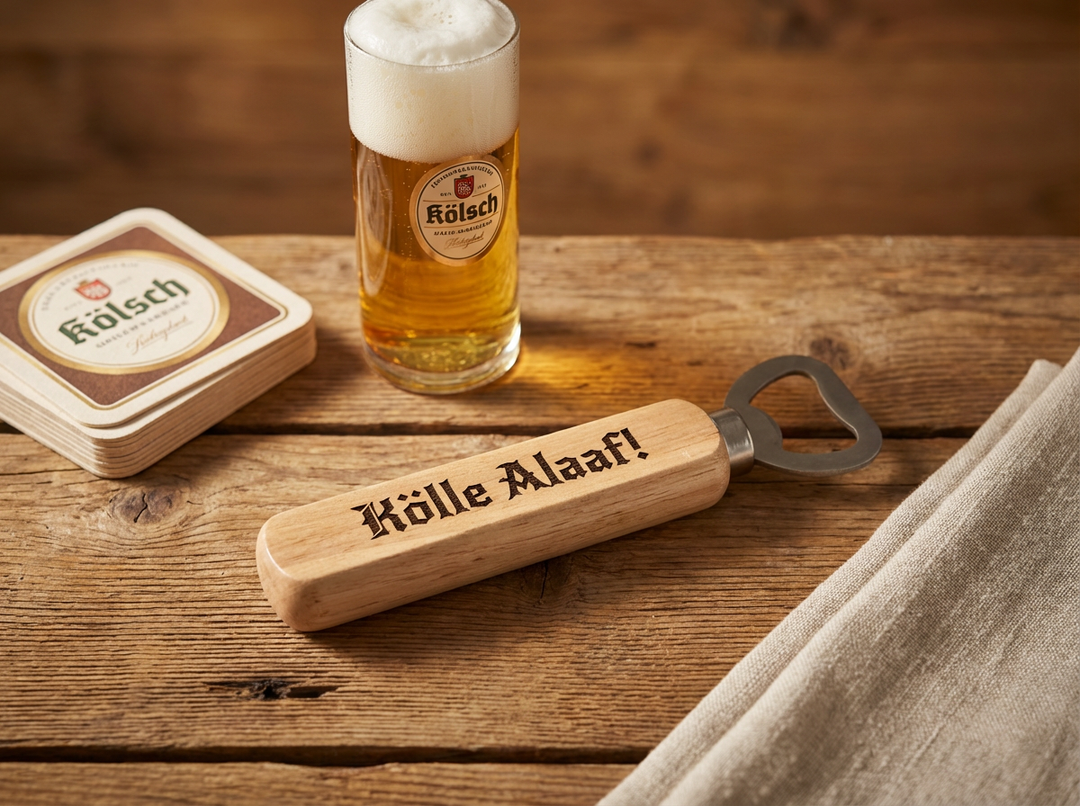 Holz Flaschenöffner mit Gravur - Kölsche Sprüche