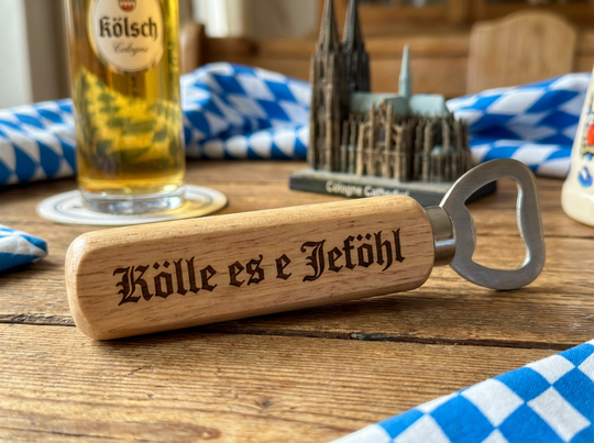 Holz Flaschenöffner mit Gravur - Kölsche Sprüche