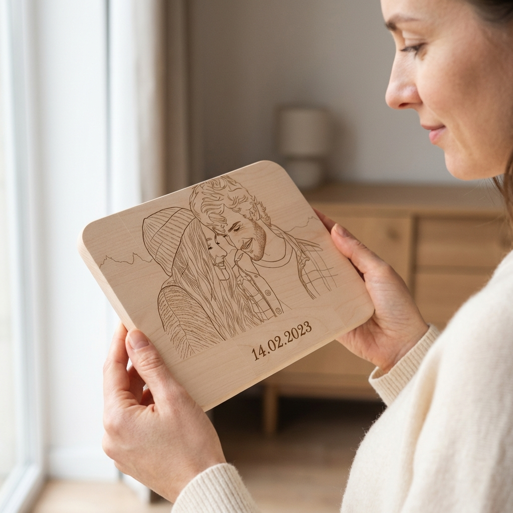 Line Art Holzgravur aus deinem Foto Bambus oder Buche Frühstücksbrett personalisiertes Geschenk für Haustier, Paare Familie Foto auf Holz