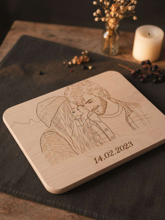 Line Art Holzgravur aus deinem Foto Bambus oder Buche Frühstücksbrett personalisiertes Geschenk für Haustier, Paare Familie Foto auf Holz