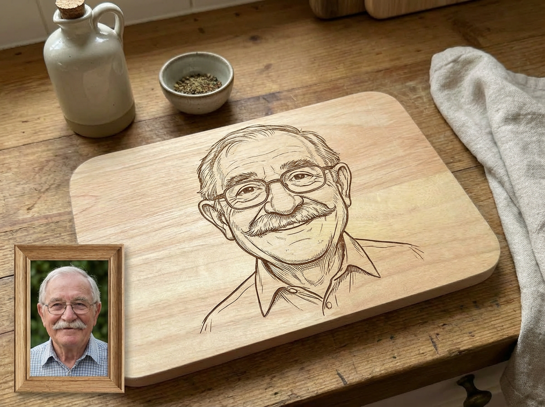 Line Art Holzgravur aus deinem Foto Bambus oder Buche Frühstücksbrett personalisiertes Geschenk für Haustier, Paare Familie Foto auf Holz