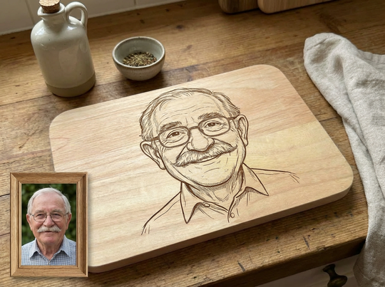 Line Art Holzgravur aus deinem Foto Bambus oder Buche Frühstücksbrett personalisiertes Geschenk für Haustier, Paare Familie Foto auf Holz