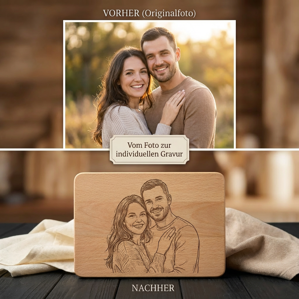 Line Art Holzgravur aus deinem Foto Bambus oder Buche Frühstücksbrett personalisiertes Geschenk für Haustier, Paare Familie Foto auf Holz