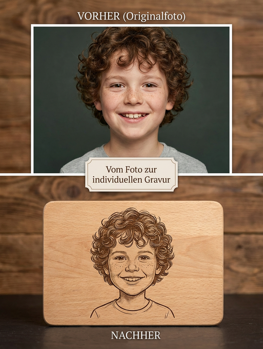 Line Art Holzgravur aus deinem Foto Bambus oder Buche Frühstücksbrett personalisiertes Geschenk für Haustier, Paare Familie Foto auf Holz