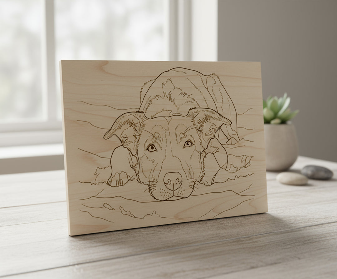 Line Art Holzgravur aus deinem Foto Bambus oder Buche Frühstücksbrett personalisiertes Geschenk für Haustier, Paare Familie Foto auf Holz