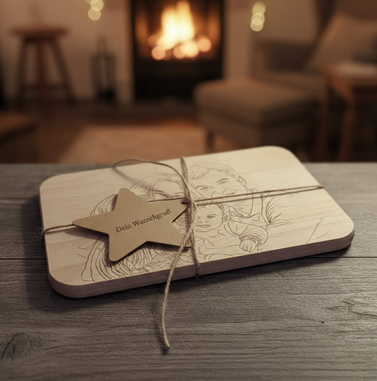 Line Art Holzgravur aus deinem Foto Bambus oder Buche Frühstücksbrett personalisiertes Geschenk für Haustier, Paare Familie Foto auf Holz