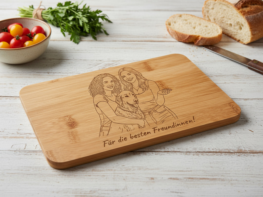 Line Art Holzgravur aus deinem Foto Bambus oder Buche Frühstücksbrett personalisiertes Geschenk für Haustier, Paare Familie Foto auf Holz