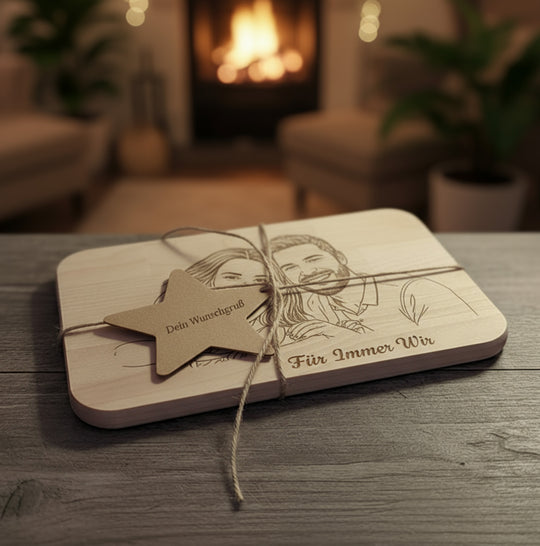 Line Art Holzgravur aus deinem Foto Bambus oder Buche Frühstücksbrett personalisiertes Geschenk für Haustier, Paare Familie Foto auf Holz