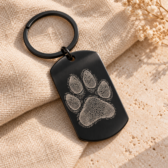 KI-Gestaltungsbeispiel: schwarzer Edelstahl-Dogtag mit einer fiktiven Pfote als feine Line-Art-Gravur und Schlüsselring; kein Foto eines gefertigten Musters.