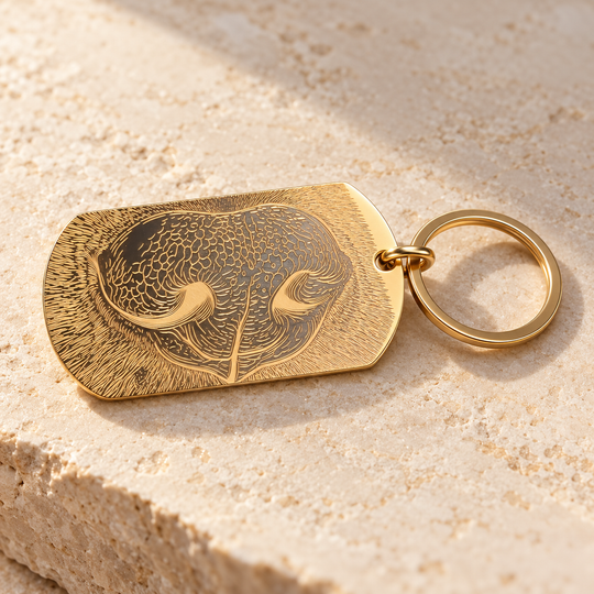 Digital gestaltete Studioansicht auf Basis der echten Nasengravur: goldfarbener Edelstahl-Dogtag mit Hundennasen-Line-Art und Schlüsselring.