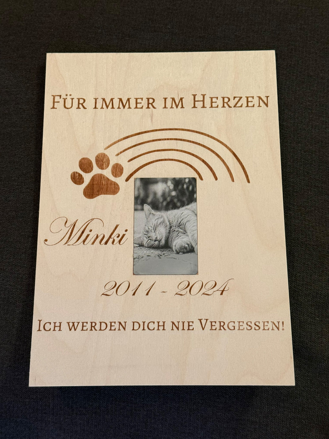 Personalisierte Holztafel Erinnerung Katze