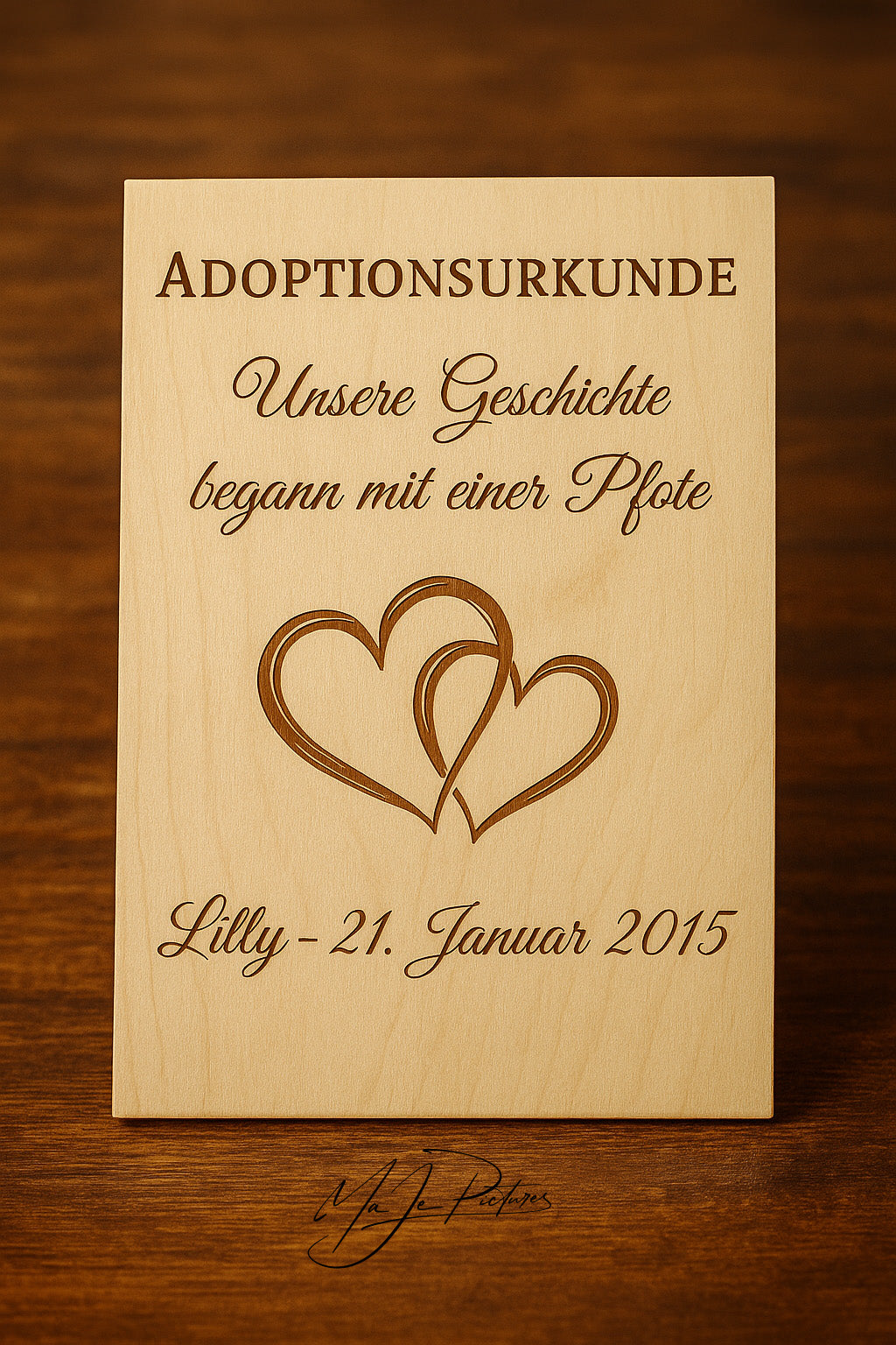 Adoptionsurkunde Haustier mit Gravur - Unsere Geschichte begann mit einer Pfote