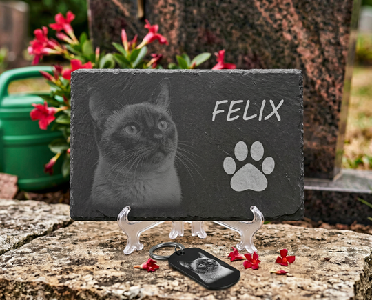 Slate Memorial Plaque with Engraving - Personalized Pet Gravestone for Dogs and Cats, Weatherproof Memorial Plate with Photo & Text for Pets