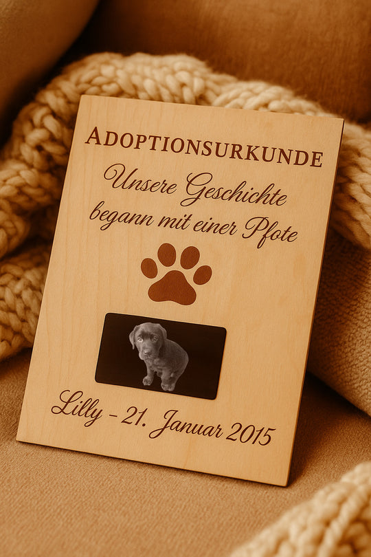 Adoptionsurkunde Haustier mit Gravur - Unsere Geschichte begann mit einer Pfote