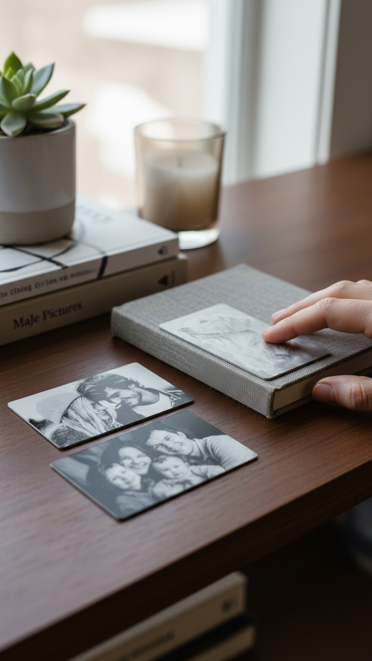 Gravierte Fotokarten und Geschenkbox auf einem Tisch