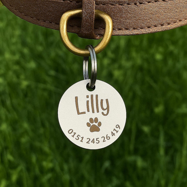 Personalisierte runde Edelstahl-Hundemarke mit Name, Pfotenmotiv und Telefonnummer