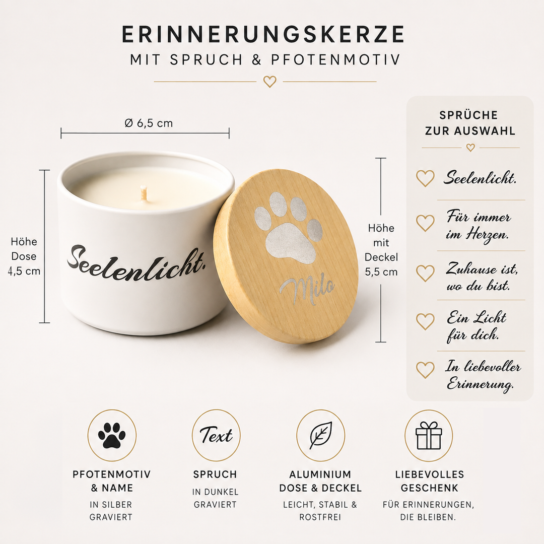 Personalisierte Gedenkkerze, Seelenlicht mit Name und Symbbol, handgegossen