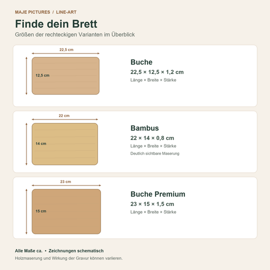 Größenübersicht der rechteckigen Line-Art-Bretter: Buche, Bambus und Buche Premium
