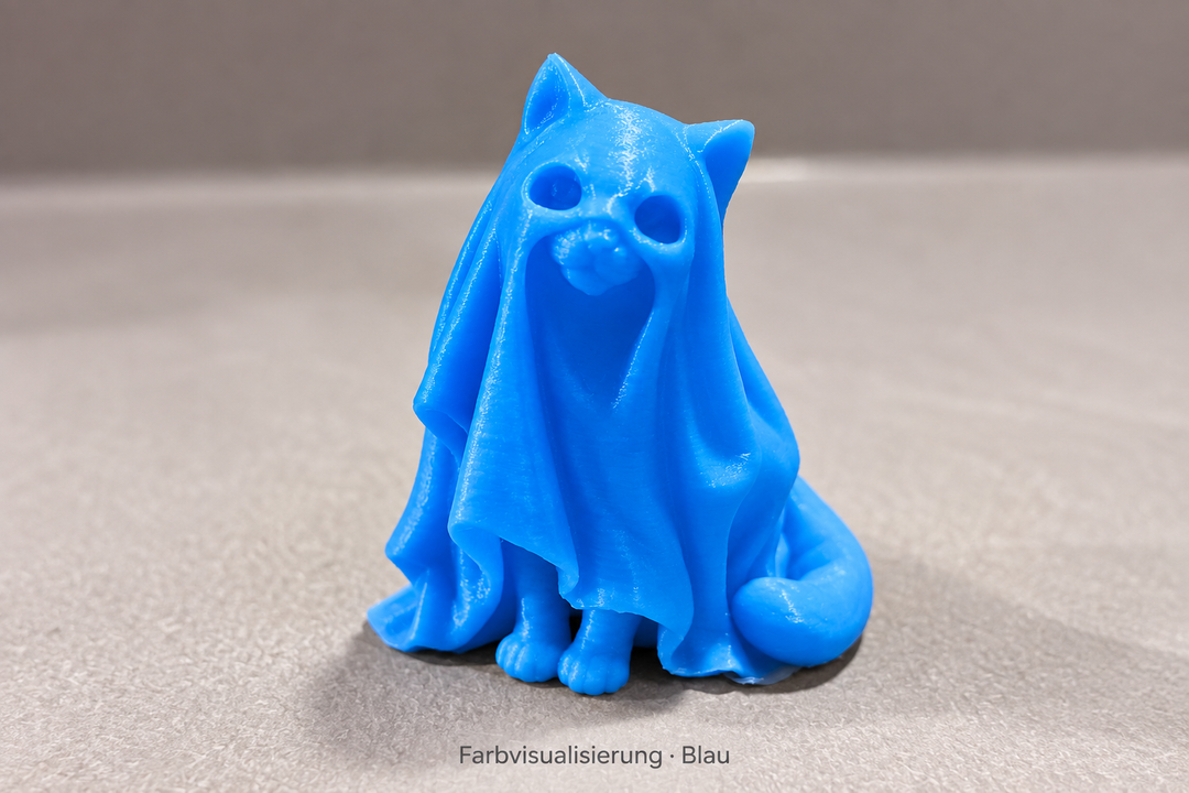 Digitale Farbvisualisierung in Blau: Sitzende Geisterkatze. Die Aufnahme zeigt die Farbe bei Licht, keinen blauen Leuchteffekt.
