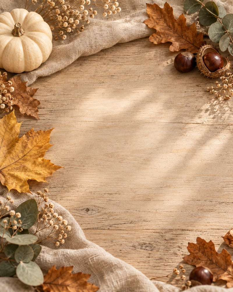 Herbstmotiv mit Leinen, Blättern und einem cremefarbenen Kürbis