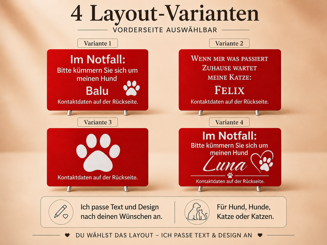 Vier Designs der personalisierten Notfallkarte: Im Notfall Pfote, Zuhause wartet, Große Pfote und Im Notfall Herz