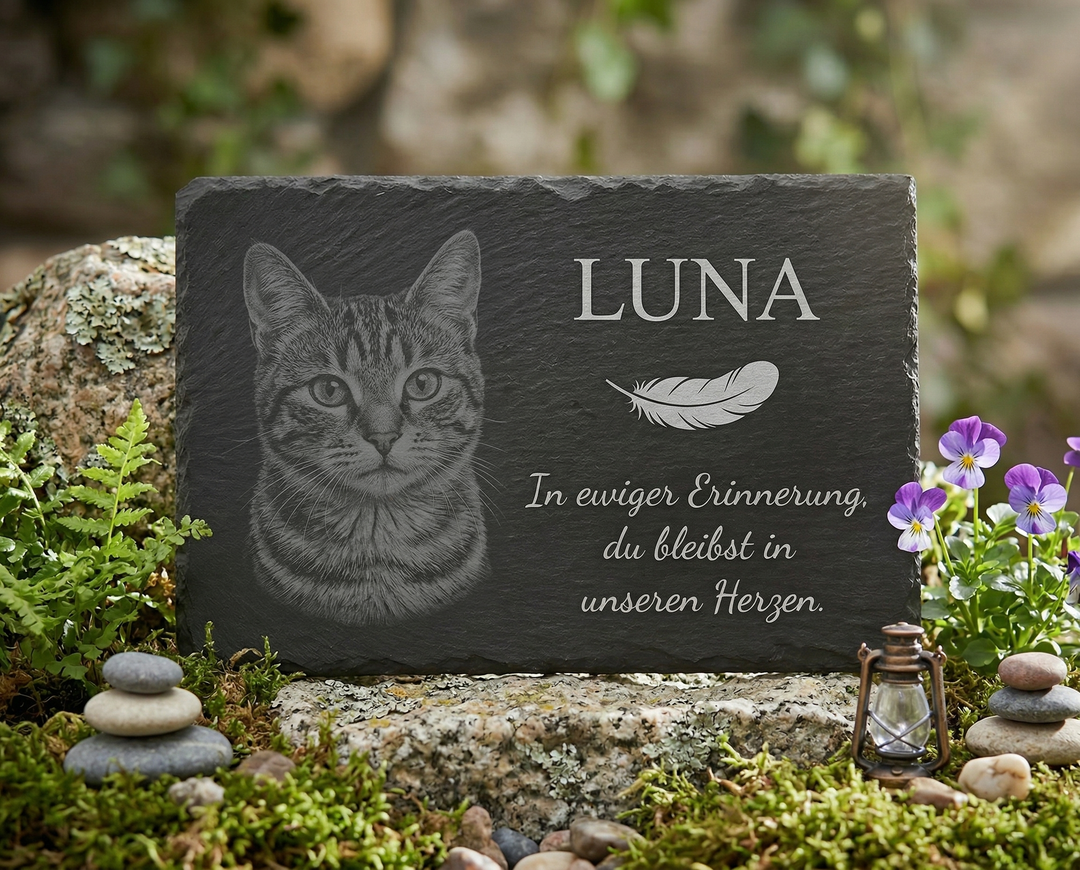 Slate Memorial Plaque with Engraving - Personalized Pet Gravestone for Dogs and Cats, Weatherproof Memorial Plate with Photo & Text for Pets