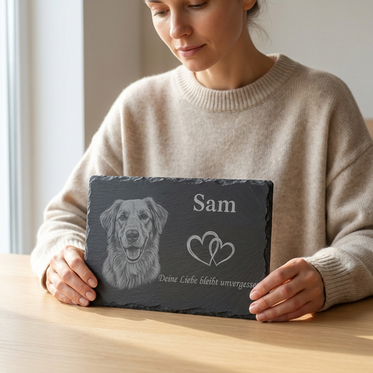 Slate Memorial Plaque with Engraving - Personalized Pet Gravestone for Dogs and Cats, Weatherproof Memorial Plate with Photo & Text for Pets