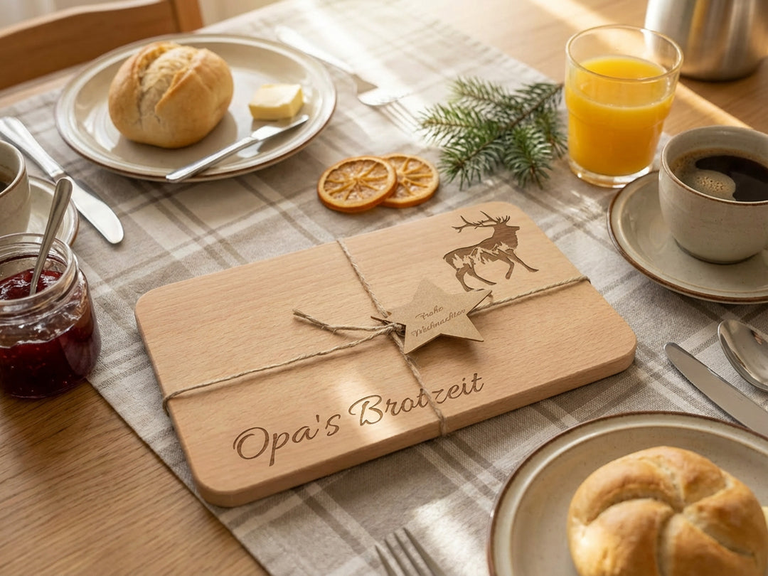 Personalisiertes Frühstücksbrett mit Gravur aus Buche oder Bambus