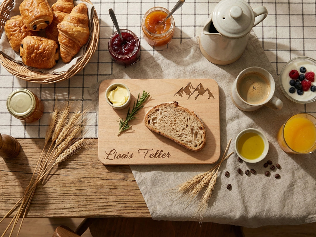 Personalisiertes Frühstücksbrett mit Gravur aus Buche oder Bambus