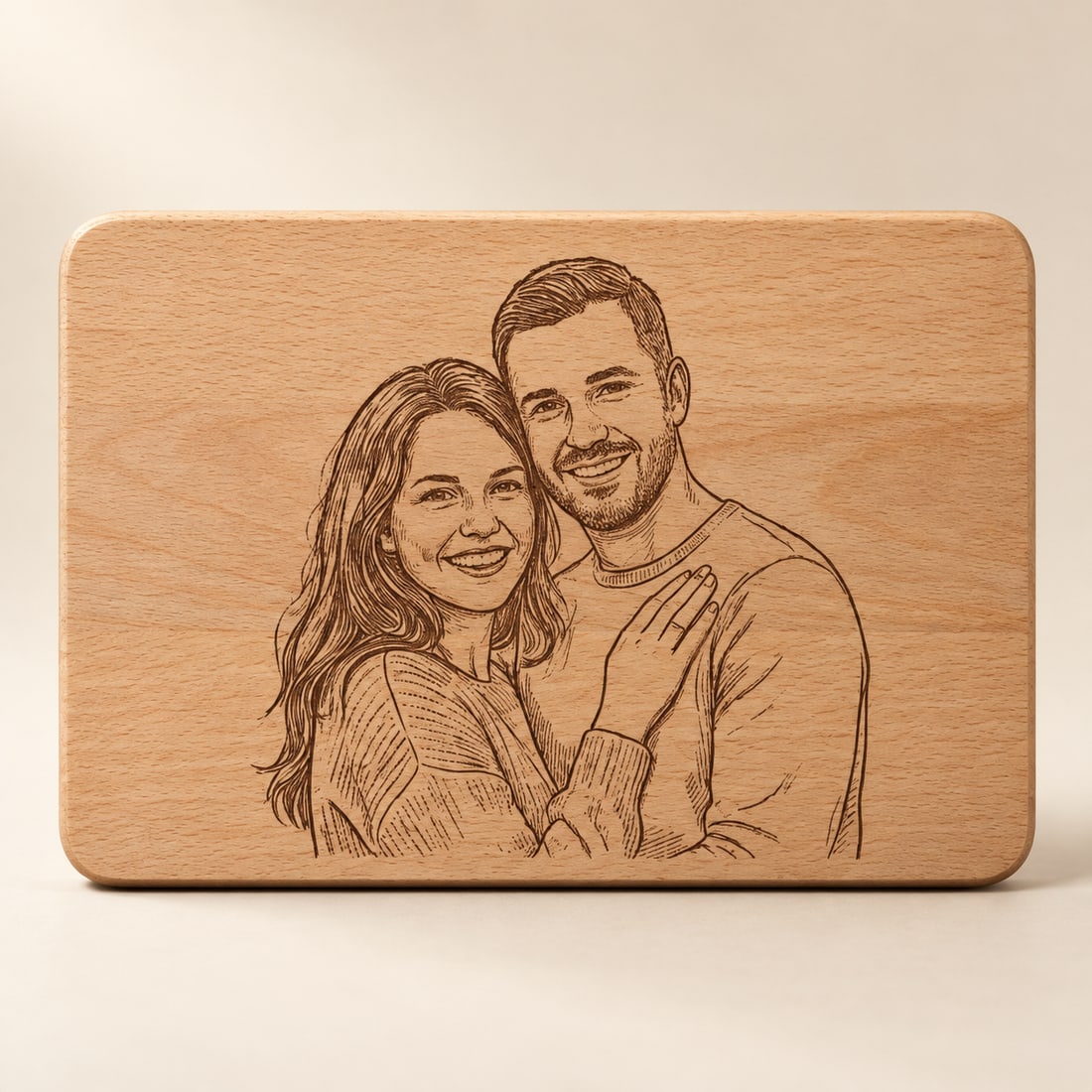 Line-Art-Holzgravur aus einem persönlichen Foto auf Buche